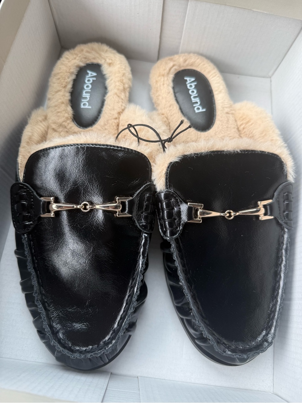 Abound Black Faux Leather Fur-Lined Slip-On Mules with Gold Bit